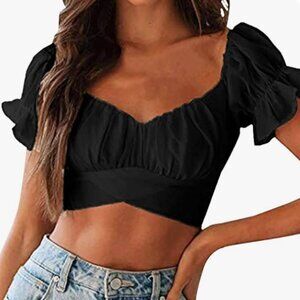 Black Tight Crop Tops Skinny Short Sleeve Summer Corset T Shirts Elegant